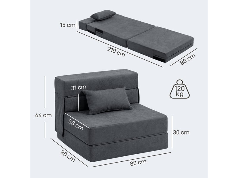 Fauteuil convertible 3 en 1,80x80x64 cm,avec coussin,tissu,gris foncé - Conforama C