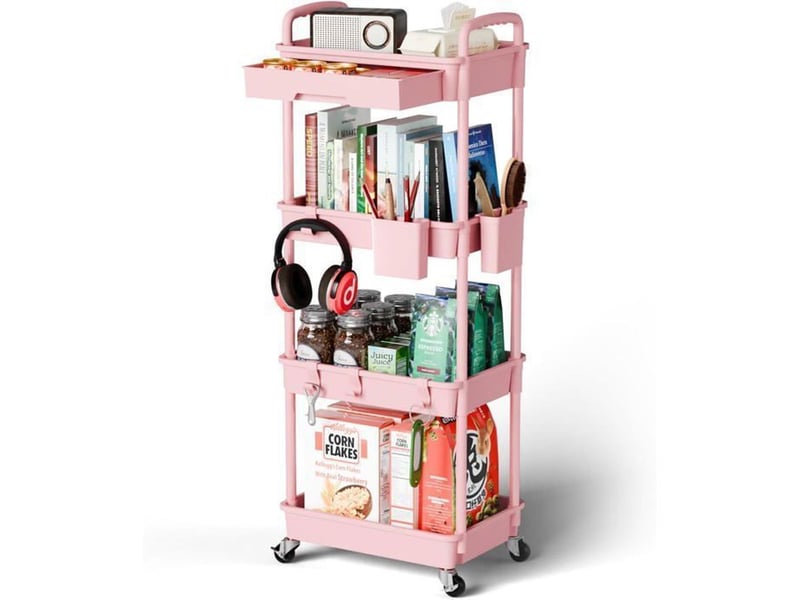  Desserte de cuisine 4 niveaux rose sur roues pivotantes avec tiroir  - Conforama A