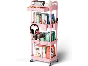 Desserte de cuisine 4 niveaux rose sur roues pivotantes avec tiroir