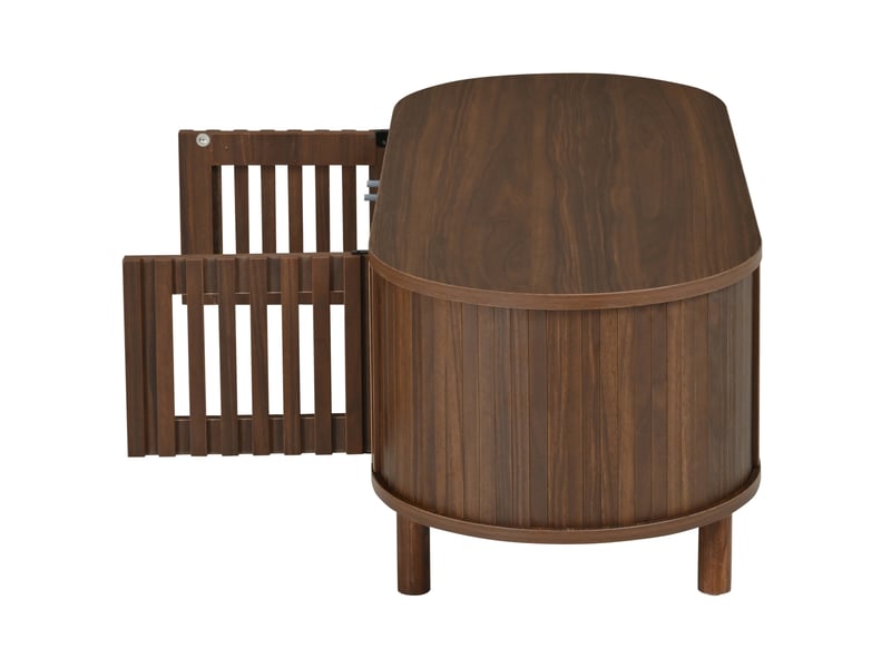 Table basse ovale 100 cm en mdf bois foncé, pieds en bois, 2 portes à lamelles et porte coulissante rétro - Conforama D