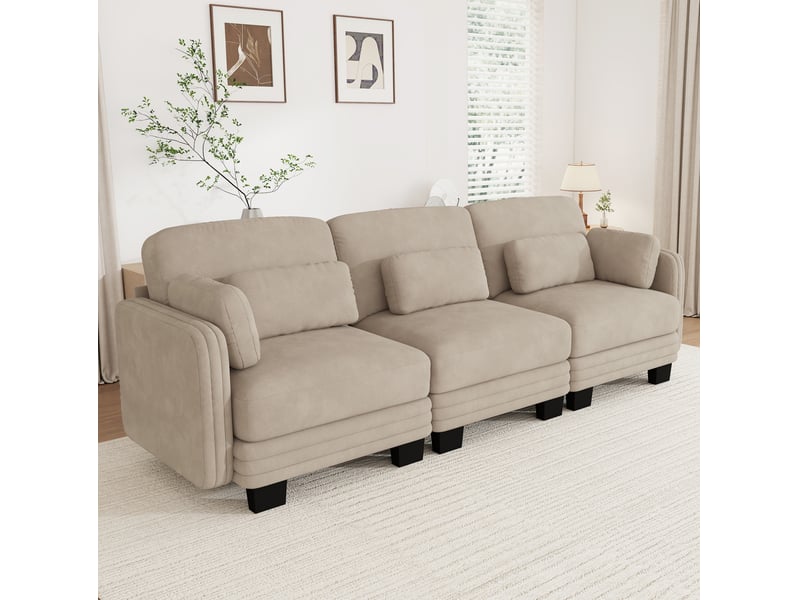 Canapé droit modulaire 3 places 253x88x88 cm, chenille, coussins lombaires et accoudoirs, beige clair - Conforama B