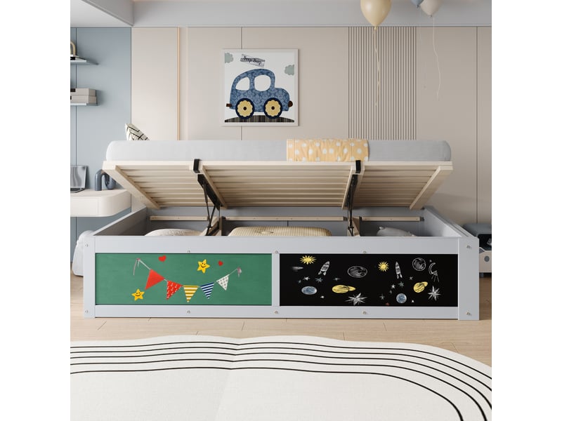  Lit simple 90×200 cm gris, coffre hydraulique, tableau créatif et étagère réversible  - Conforama C