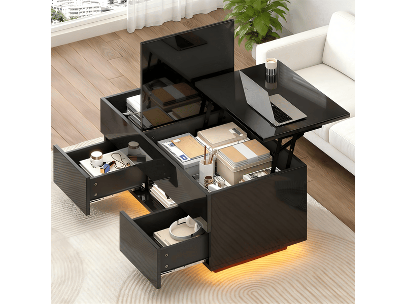 Table basse relevable 100 x 45 x 43 cm avec 2 tiroirs, table d'appoint laquée brillante avec éclairage led, table console, table basse, table de salon avec rangement dissimulé, noir, panneaux de particules - Conforama B