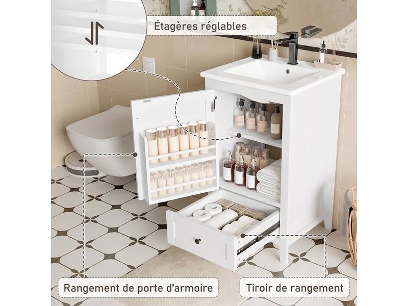  Meuble salle de bain sur pied 51x46x85cm avec meuble vasque en céramique blanc  - Conforama D