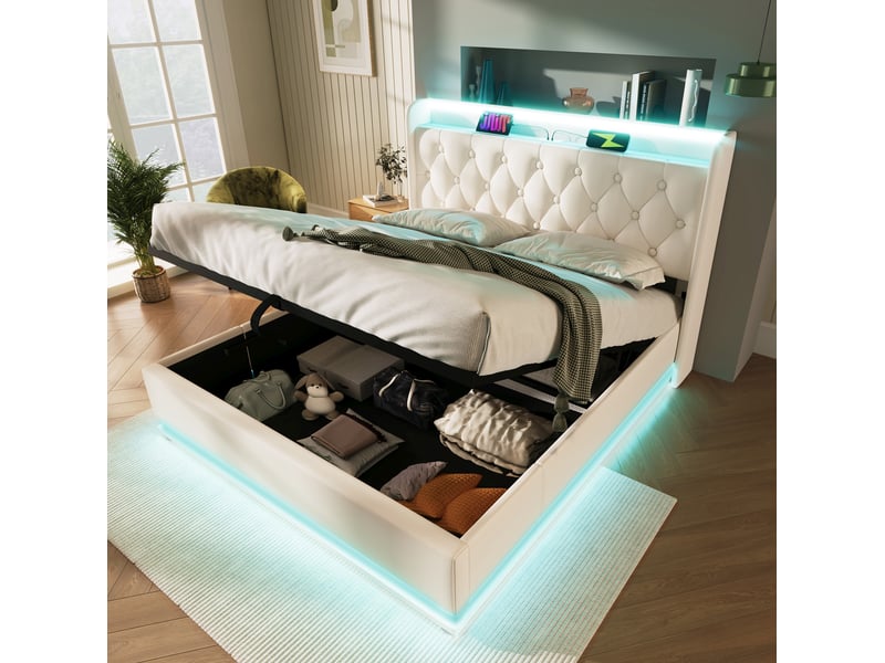  Lit double coffre hydraulique 140x190 cm led 360°, usb-c, tête de lit blanche  - Conforama B