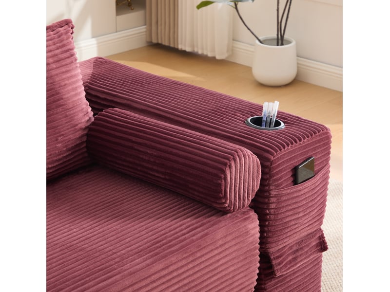 Canapé convertible modulable 2 places en velours côtelé rouge bordeaux, poches et porte-gobelets - Conforama E
