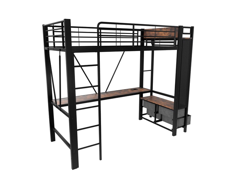 Lit mezzanine noir 90x200 cm avec bureau, 4 tiroirs, led, usb et type-c - Conforama D
