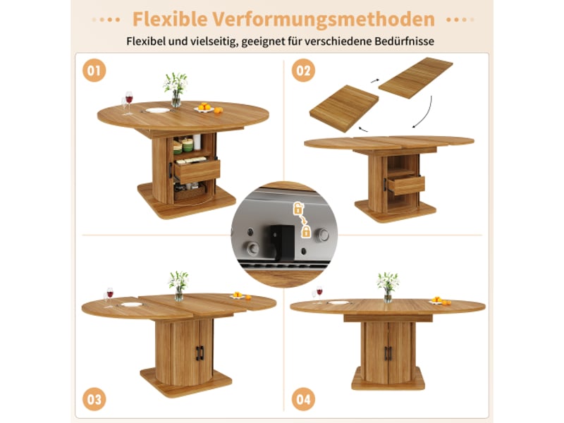  Table à manger extensible - ronde qui s’agrandit en oval, 118-158 cm, 6 places, tiroirs, bois brun foncé  - Conforama E