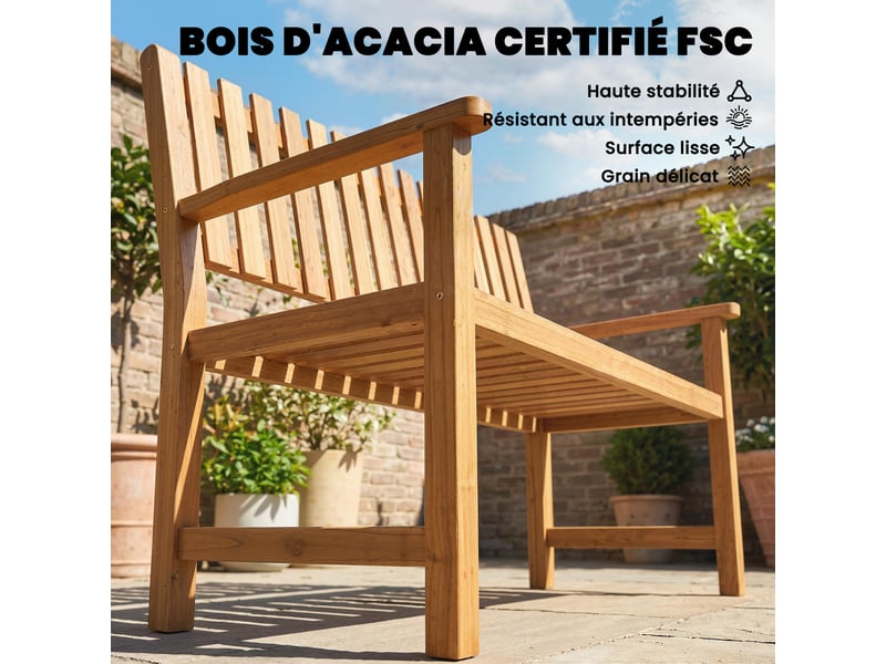 Banc de jardin banquette de terrasse 2 places charge max. 320kg accoudoirs 112 x 64 x 92 cm bois d'acacia naturel - Conforama E