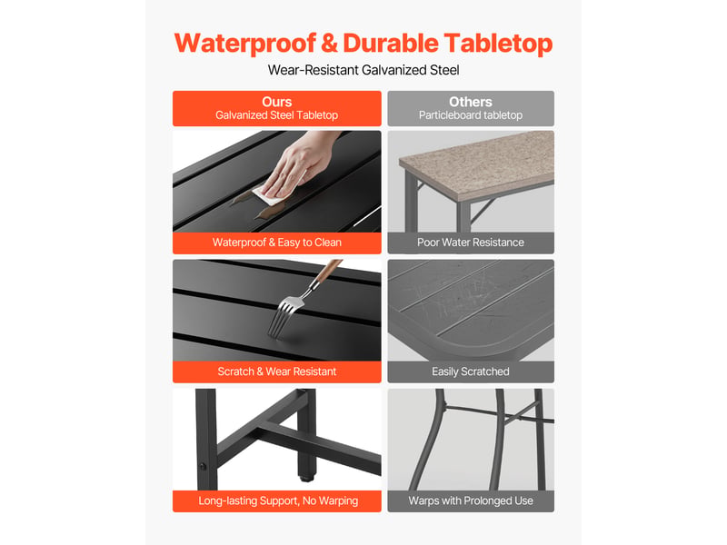 Vevor table de bar haute exterieur, 160 x 37,5 cm, table a manger rectangulaire, avec plateau etanche, structure en metal robuste, mobilier de jardin pour patio, terrasse, bord de piscine, interieur - Conforama D
