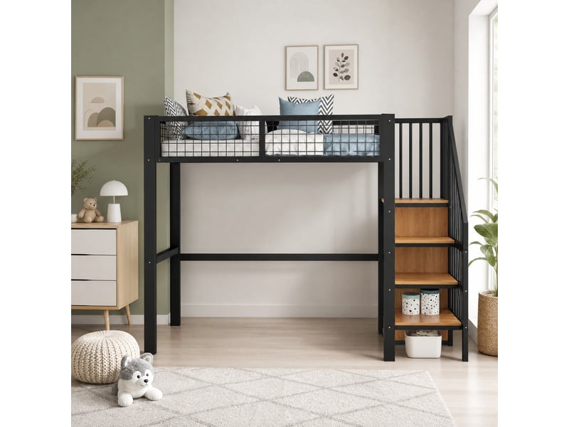  Lit mezzanine enfant 90x200 cm avec échelle et rangements noir  - Conforama D