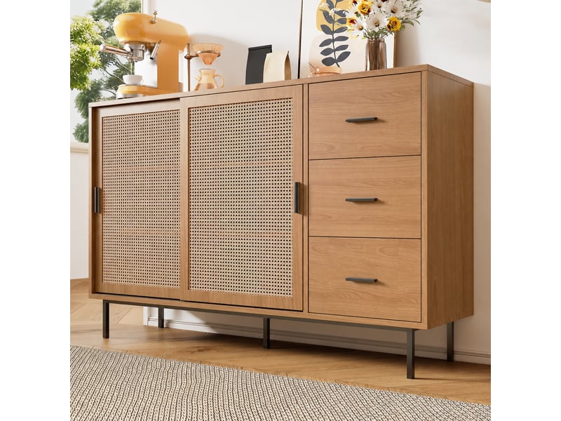 Buffet avec 2 portes coulissantes en rotin, 3 tiroirs et étagères réglables, naturel, 140 x 37 x 91 cm - Conforama E