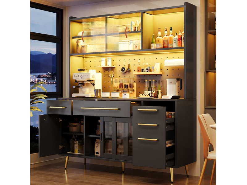  Buffet de cuisine 145x39x171 cm, éclairage éclairage led, avec tiroirs, porte coulissante, meuble de salon, mdf, noir  - Conforama B