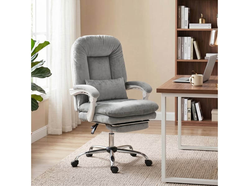  Chaise de bureau ergonomique en velours gris clair, fauteuil inclinable avec repose-pieds et hauteur réglable pour bureau  - Conforama B