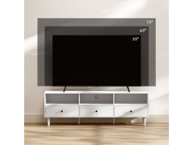  Meuble tv 140 cm blanc - tiroirs et espaces ouverts, idéal grand écran, meuble salon moderne  - Conforama B