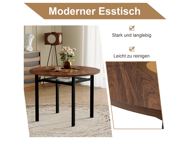 Ensemble table ronde et 4 chaises, plateau mdf effet bois brun avec verre trempé, diamètre 100 cm, sièges blancs en similicuir  - Conforama W