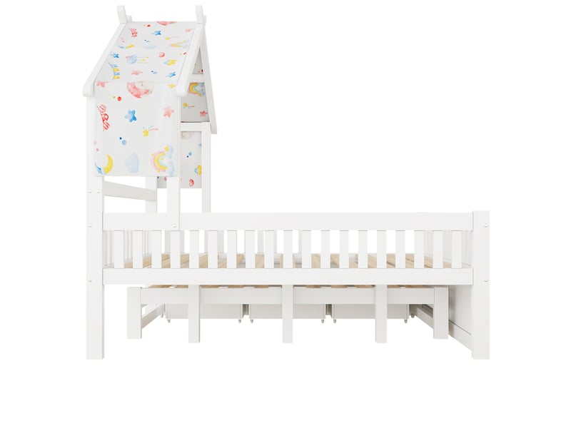  Lit enfant maison en bois 140x200 cm avec lit gigogne 3 tiroirs barrières de sécurité sommier à lattes pin mdf blanc ABC - Conforama E
