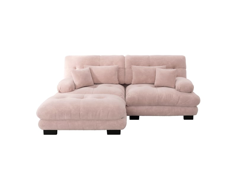 Canapé d'angle, canapé 2 places – en chenille, larges accoudoirs, avec pouf, rose, coussins inclus, style cloud - Conforama D