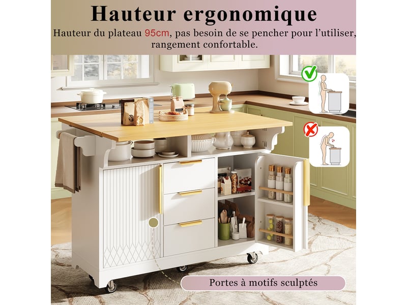  Îlot de cuisine extensible 120-197 x 40-80 x 95 cm, roulettes, 3 tiroirs, étagères réglables, blanc et chêne  - Conforama B