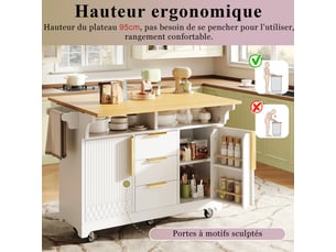 Îlot de cuisine extensible 120-197 x 40-80 x 95 cm, roulettes, 3 tiroirs, étagères réglables, blanc et chêne