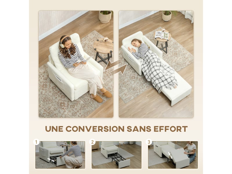  Fauteuil convertible 1 place, fauteuil-lit avec rangement caché, assise large et rembourrée, 72 x 85,5 x 91 cm, crème  - Conforama D