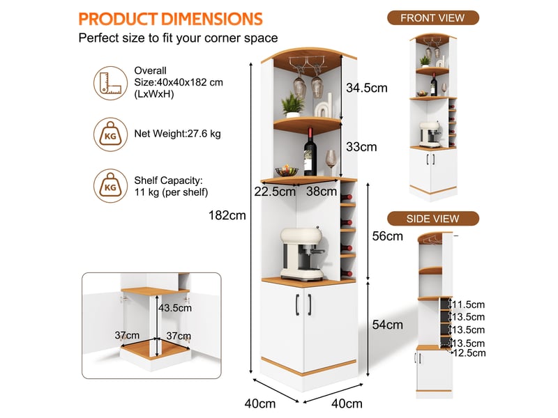  Meuble d'angle avec porte-verres, 4 casiers à bouteilles, étagères et placard, pour cuisine, mdf blanc, 40 × 40 × 182 cm  - Conforama D