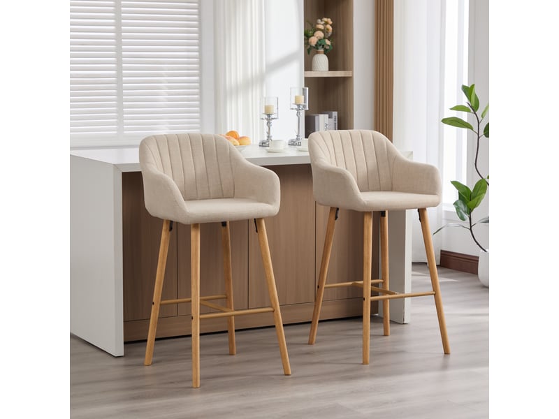 Lot de 2 tabourets de bar 58,5x55x104 cm, dossier haut, accoudoirs, meuble de cuisine, meuble de salon, tissu lin beige  - Conforama R