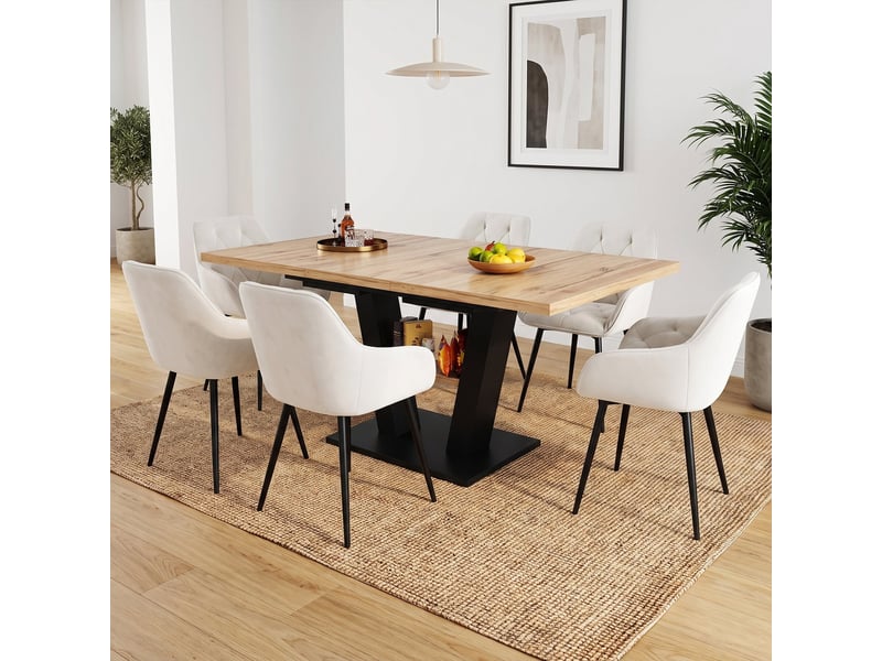 Ensemble table et 6 chaises salle à manger, table extensible 118-157 cm coloris bois, chaises modernes dossier ergonomique assise rembourrée - Conforama R