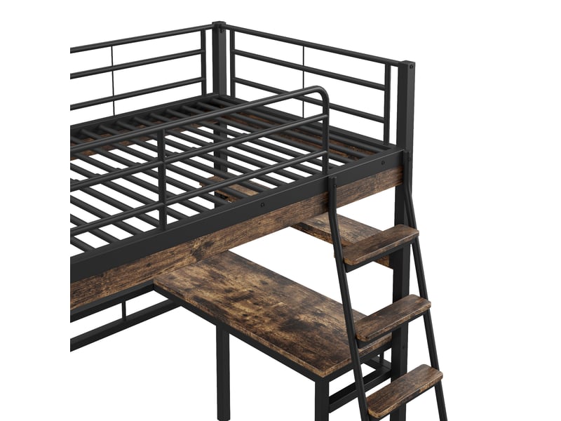  Lit mezzanine 90x200 cm avec bureau et étagères, cadre métal et mdf, garde-corps et échelle, noir, sans matelas  - Conforama R