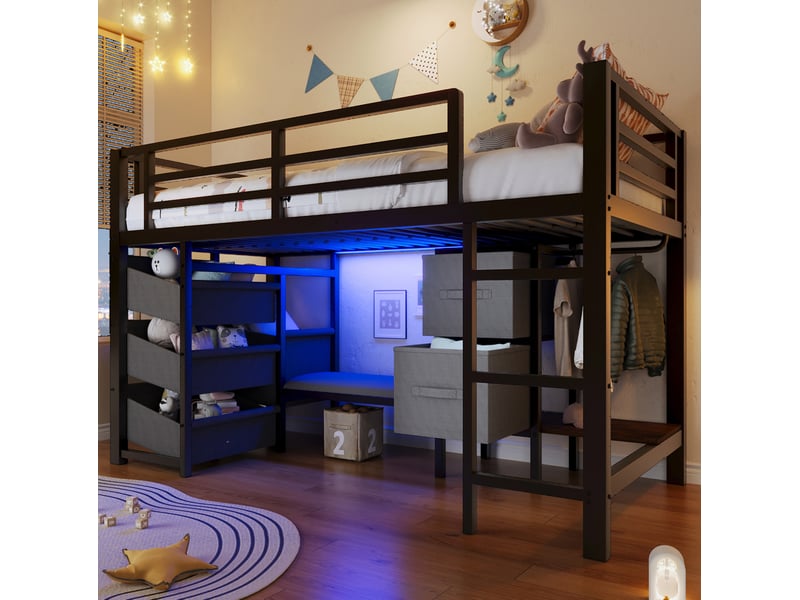  Lit mezzanine 90x200 cm avec led multicolores et rangement en métal noir  - Conforama D