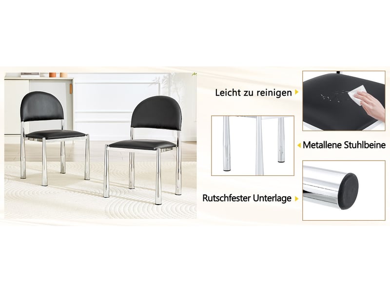  Lot de 2 chaises de salle à manger noires avec dossier semi-circulaire, revêtement en polyuréthane et pieds en métal  - Conforama D