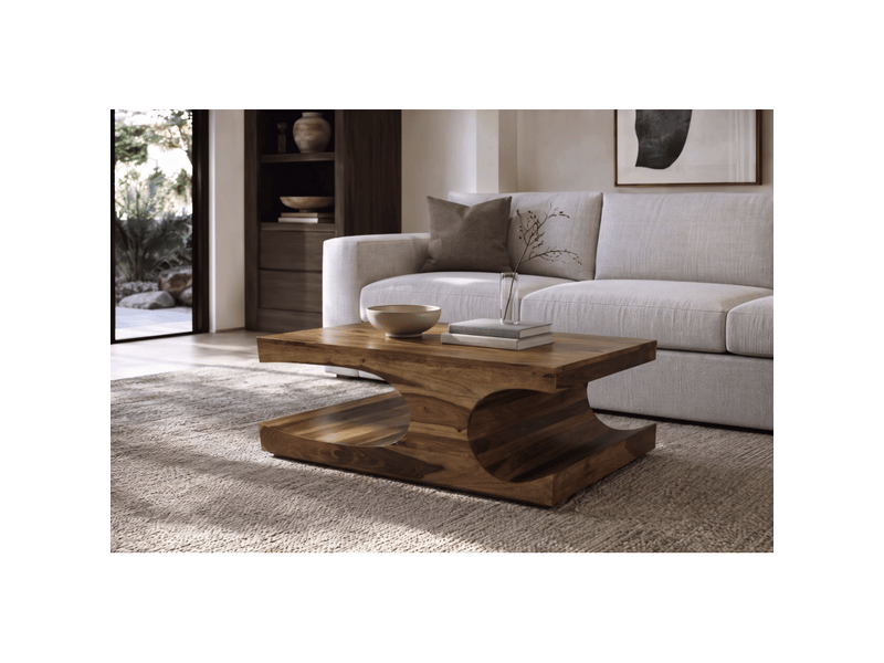 Table basse noma 105 cm en bois de sheesham massif verni avec niches arrondies - Conforama B