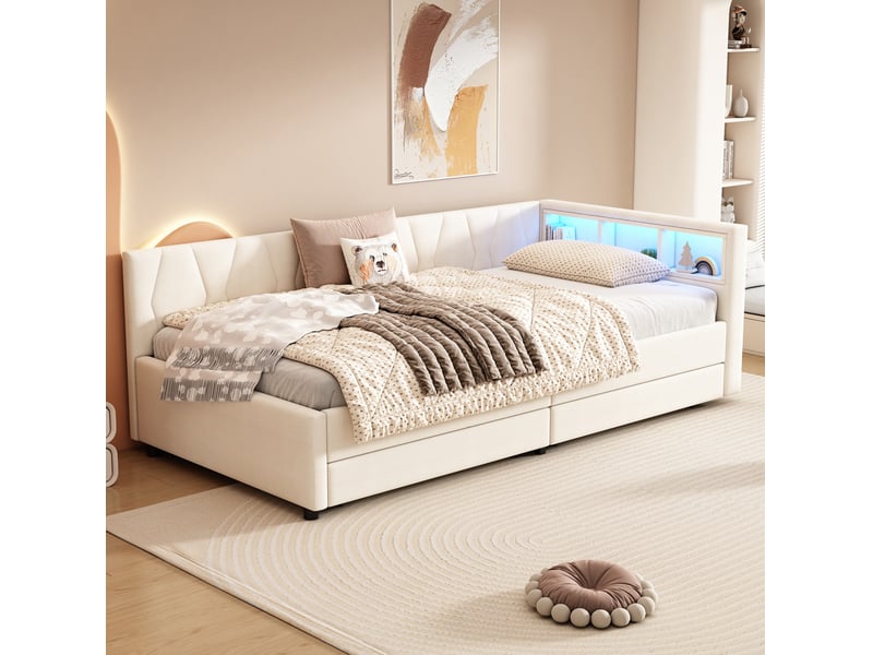  Modenvie lit banquette 90x200 cm - avec tiroirs, niches, led et ports usb-c, sans matelas - beige  - Conforama B