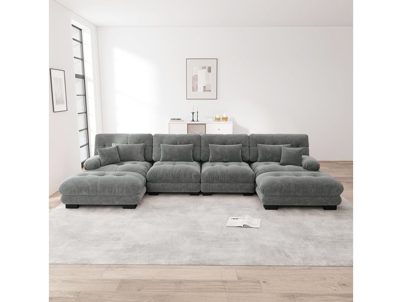 Canapé modulable modenvie 4 places en u 406 x 145 x 81 cm chenille gris avec ottomans mobiles - Conforama B
