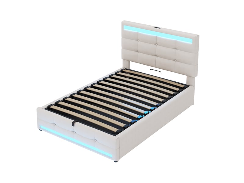  Lit enfant capitonné 90x200 cm en lin beige, rangement hydraulique, led et usb, avec sommier  - Conforama A