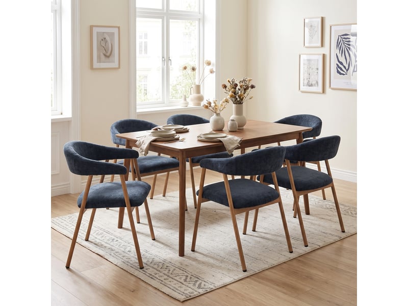  Chaises de salle à manger lot de 6 rembourrée en chenille, pieds en métal effet bois, bleu  - Conforama B