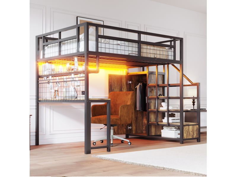  Lit mezzanine 140x200 cm avec bureau, rangements et éclairage noir  - Conforama D
