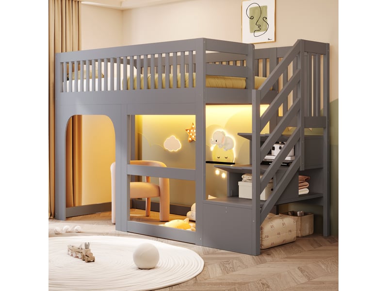 Lit mezzanine enfant 90 × 200 cm 1 place avec escalier de rangement, led et barrières, sans matelas, gris - Conforama B