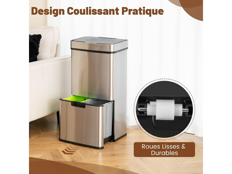  72 l poubelle cuisine sans contact, capteur de mouvement intelligent, poubelle à tri bacs de recyclage, fermeture lente, 42 x 32-58 x 84-110 cm  - Conforama C