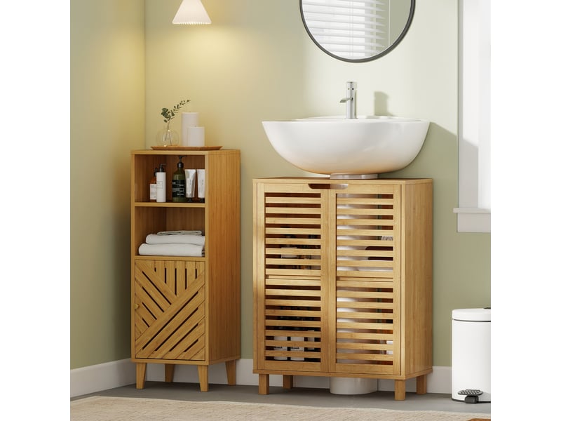  Meuble sous-évier avec 2 portes à lattes de bambou, étagère réglable pour éviers avec ou sans colonne, finition naturelle  - Conforama D