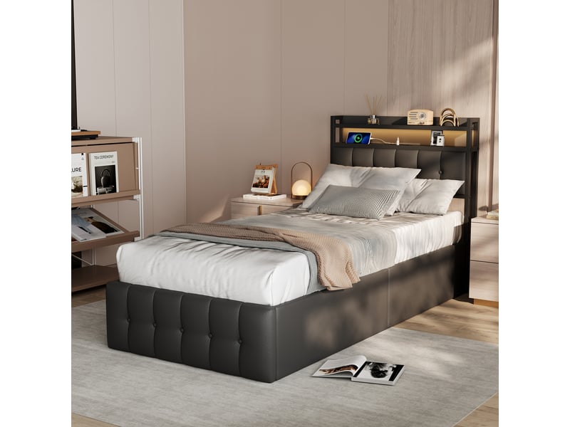  Lit simple rembourré 90 x 200 cm avec espace de rangement, lumière led et port usb, noir  - Conforama B