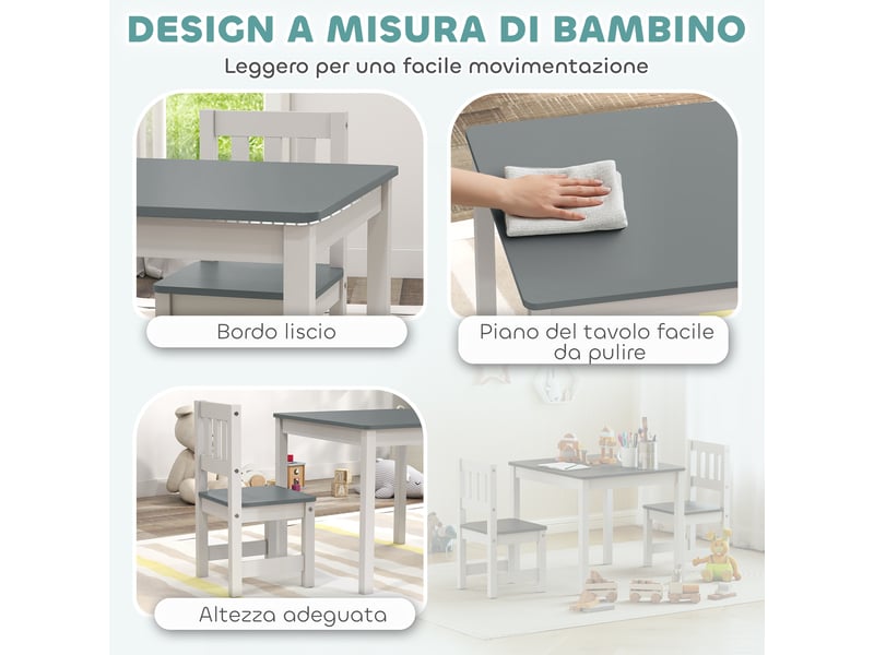  Ensemble table et chaises en bois 3 pièces pour enfants de 3 à 8 ans, gris et blanc, bords arrondis  - Conforama E