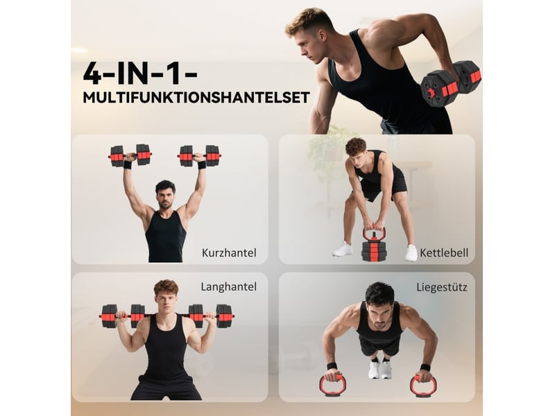  Set de musculation 4 en 1 25 kg 125 x 18 x 18 cm rouge en plastique, haltères réglables et barre longue  - Conforama D