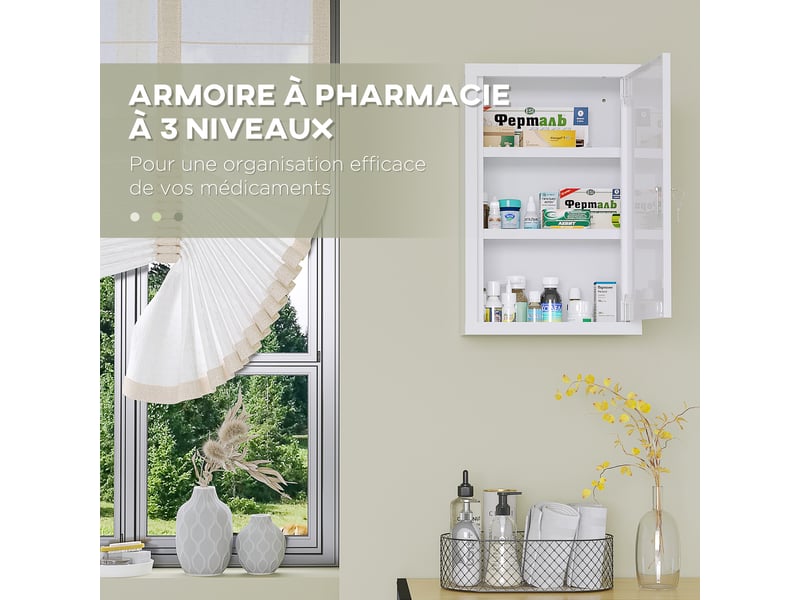 Armoire à pharmacie murale en acier, armoire à médicaments à 3 niveaux porte verrouillable 2 clés, blanc, 30x14x46cm - Conforama E