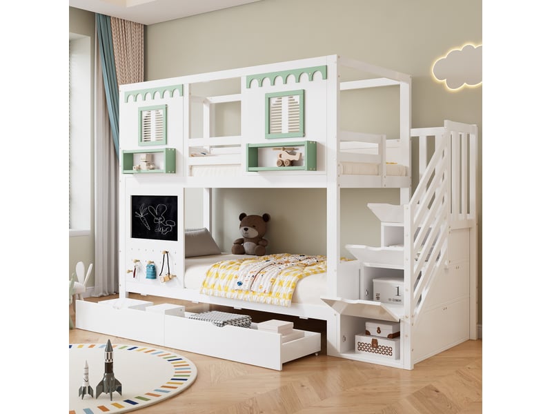 Lit superposé enfant 90x200 cm avec escalier de rangement, blanc et vert  - Conforama E