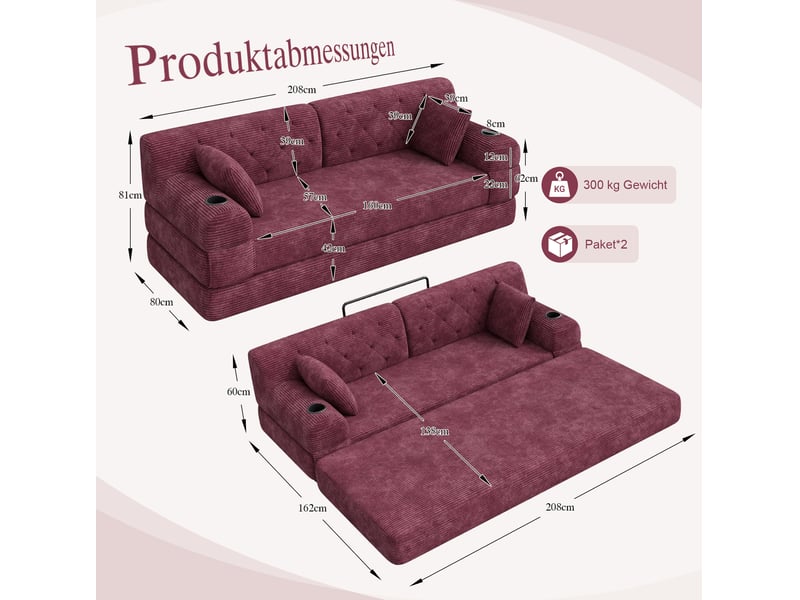  Canapé-lit 3 places 208x80x81 cm – rouge vin – dossier haut, 4 poches, 2 porte-gobelets, sans montage  - Conforama C