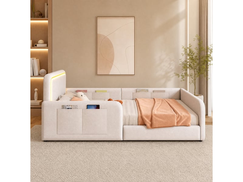  Lit simple rembourré 90x200 cm avec led et poches de rangement, velours beige  - Conforama D