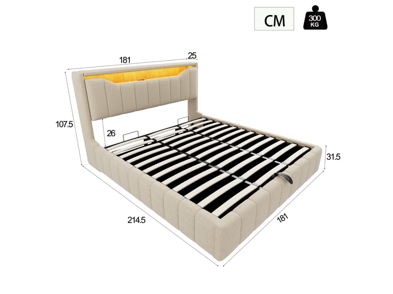  Lit coffre rembourré 180x200 cm, rangement hydraulique, tête de lit avec rangement, led, usb et usb-c, lin, métal et mdf, beige OMNIGLINT TRADING LTD - Conforama C