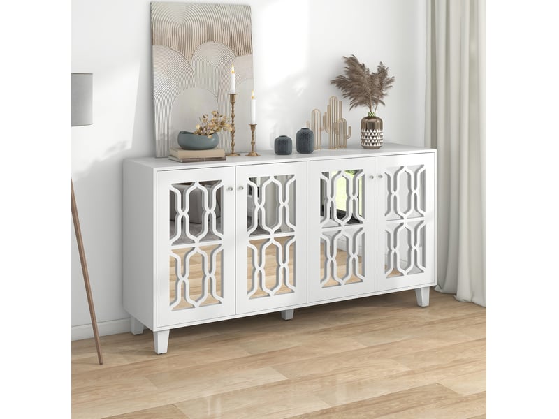 Buffet bas modenvie 4 portes à inserts miroir 160 x 40 x 84 cm blanc mdf - Conforama B
