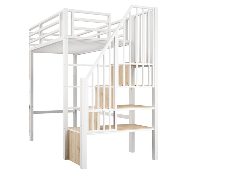  Lit mezzanine enfant 90 × 200 cm avec échelle de rangement, étagère latérale et barrière, sans matelas, blanc  - Conforama E